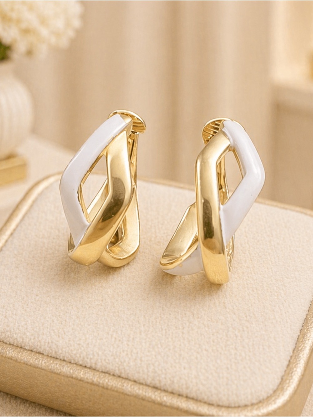 Vintage CROWN TRIFARI Gold Tone White Enamel Hoop Clip on Earrings